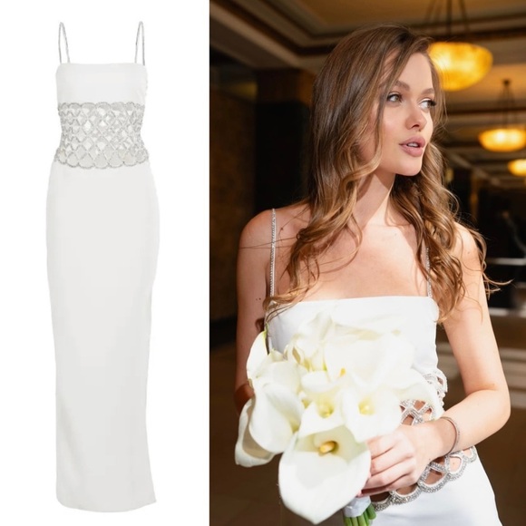 NWT RETROFETE Crystal & Pearl Embellished Lattice Waist Cutout Sleeveless Gown S - Picture 10 of 11